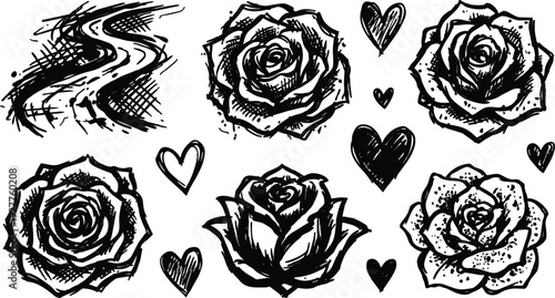 Tattoo flash hand drawn ink rose set with hearts and brush stroke elements isolated on white background bold grunge vintage
