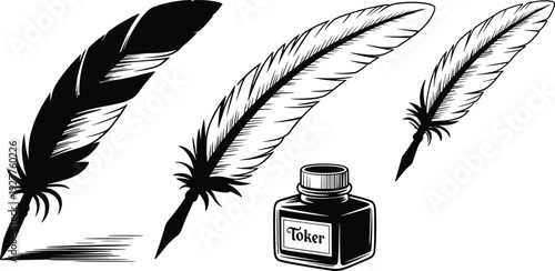 Three Quill Pens and Ink Bottle Silhouette with Writing Strokes feather