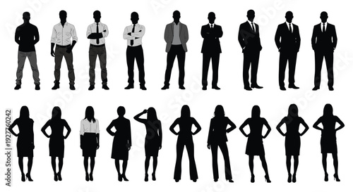 Black silhouettes of diverse men and women standing in professional and casual poses, full body figures, business fashion, isolated on white.