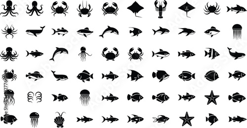 Black sea life icons set with silhouettes of octopus crab whale dolphin shark jellyfish starfish lobster ray shell and various tropical fish species