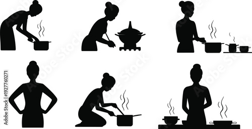 Woman Cooking Silhouettes Set Female Chef Preparing Food in Kitchen Vector Illustration Collection Isolated on White Background Household Activity Concept