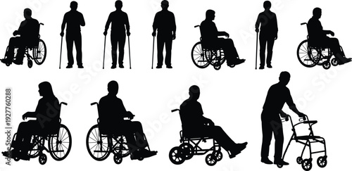 Black silhouettes set of people with disabilities using wheelchairs walkers and canes isolated on white background for medical healthcare and accessibility designs