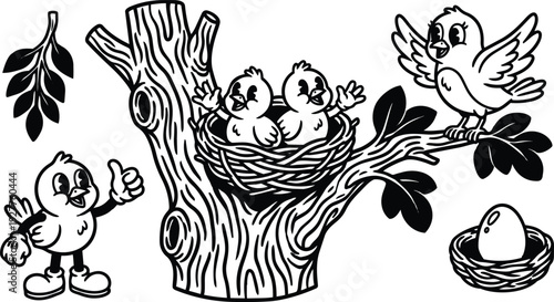 Retro cartoon line art close up of tree trunk branch with nest and two chicks one adult bird waving smiling