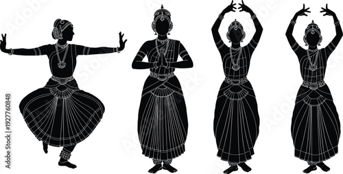 Indian classical dancer silhouette set, traditional Bharatanatyam performance poses with cultural costume isolated on white background illustration collection