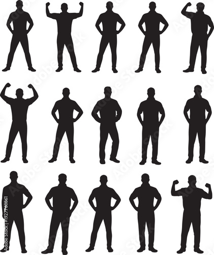 Set of strong muscular men black vector silhouettes in powerful flexing poses