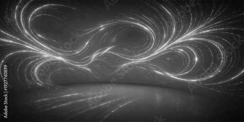 Smooth abstract black and white fractal background featuring a flowing silk texture with elegant blue light waves and satin curves in a soft artistic pattern