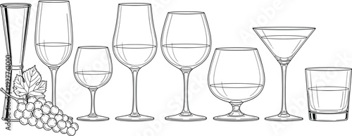 Collection of assorted wine glasses with grapes line art vector illustration isolated on white background barware set