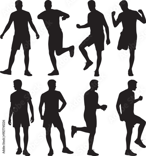 Running Man Silhouette Set Jogging Fitness Poses Isolated on White Background Vector