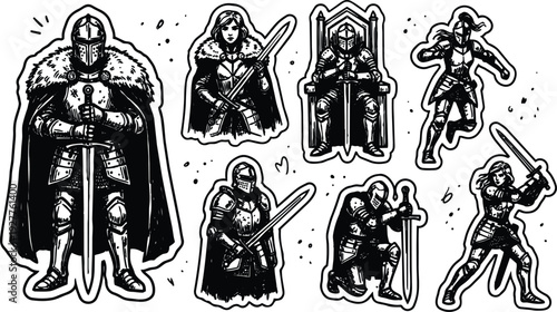 Tattoo flash medieval knight sticker sheet featuring multiple armored knights in varied action poses with swords cloaks throne close up