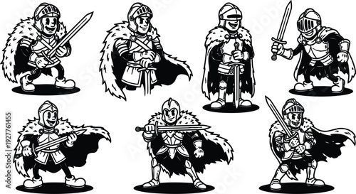 Line art medieval knight holding sword and wearing fur cape and helmet smiling in front pose vector emblem for badge