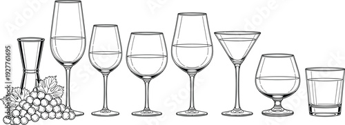 Set of wine glasses and grape fruit line art vector illustration isolated on white background bar collection