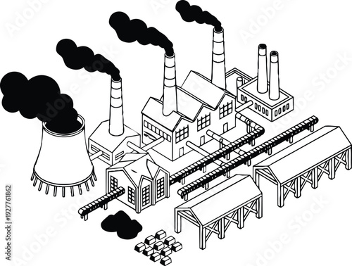 Isometric line art industrial factory with smoking chimneys conveyor belts coal piles aerial view smokestacks producing dark emissions pollution plumes