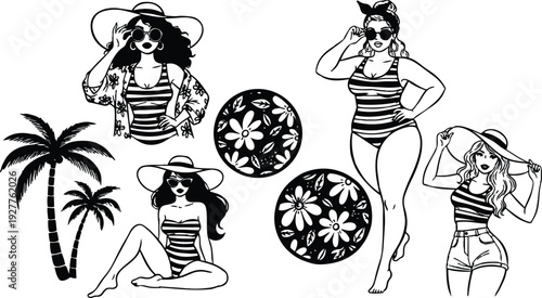 Retro pinup vector girls in striped swimsuits posing with sun hats and sunglasses beside palm trees and floral beach balls