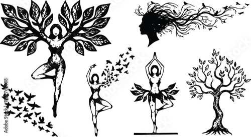 Tattoo flash dancing tree woman silhouettes in yoga poses with spreading leaves flying birds and flowing hair black ink minimal