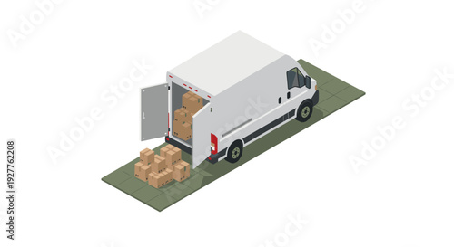 white delivery van with open back doors and cardboard boxes on tiled ground isometric illustration