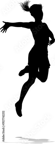 A happy woman jumping for j...