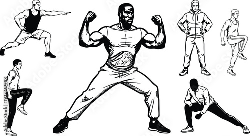 Line art dynamic fitness poses central muscular man flexing wide stance with surrounding exercise silhouettes stretching lunging standing stepping warmup