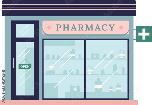 Pharmacy store building with open sign displaying medicine and first aid products inside, showcasing healthcare services and pharmaceutical supplies availability