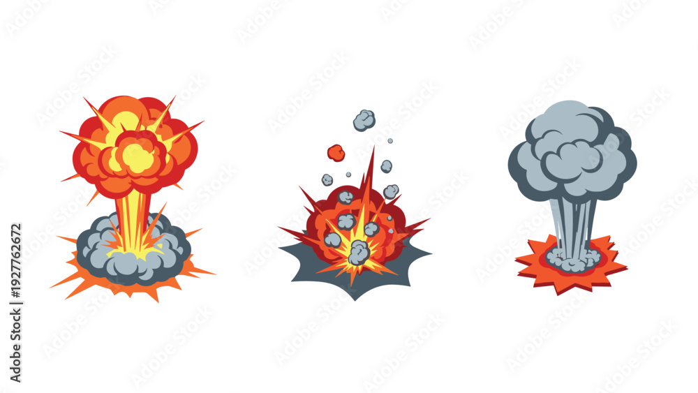 Naklejka premium set of three hand drawn cartoon explosion effects with smoke and fire bursts