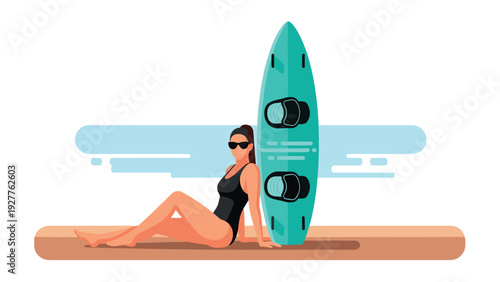 woman in black swimsuit sitting on the beach next to a teal surfboard flat vector illustration