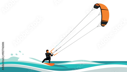 man kitesurfing on the ocean waves with orange kite and surfboard flat vector illustration