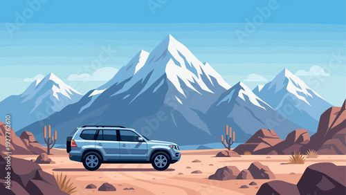 blue suv car in desert landscape with cacti and snow capped mountains hand drawn vector illustration