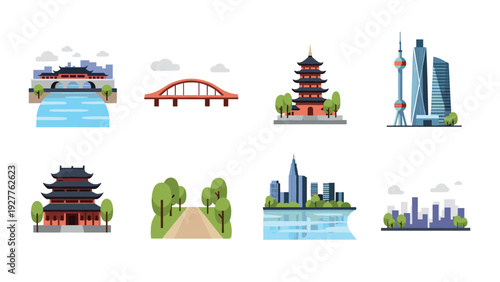 set of asian landmarks and cityscapes with traditional buildings modern skyscrapers bridge and nature in flat vector style