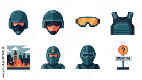 set of hand drawn military soldier helmets goggles body armor city in flames and combat zone signs