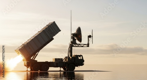 A military missile launcher vehicle is firing a missile into the sky during sunset with a radar dish on top.