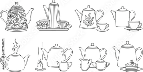 Collection of vintage teapots teacups and accessories line art vector illustration isolated on white background tea time set
