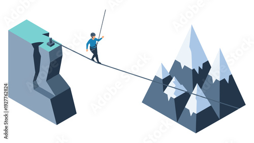 man walking on a tightrope between mountains isometric vector illustration