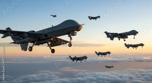 A formation of MQ-9 Reaper drones flies in formation against a sunset sky, showcasing advanced military technology in aerial operations.