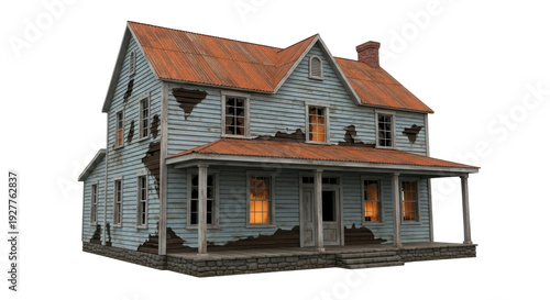 Photos Isolated, weathered farmhouse with peeling paint and rusty roof, front view, day