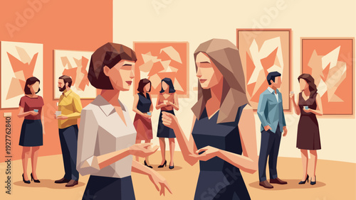 people socializing at art gallery with abstract paintings geometric style