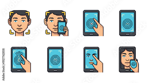 facial recognition and fingerprint scanning icon set in hand drawn style for security and technology design