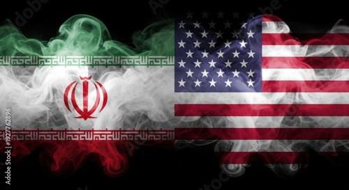 The flags of Iran and the United States are depicted side-by-side, enveloped in swirling smoke, symbolizing a complex relationship.