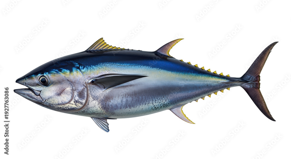 Obraz premium Isolated Yellowfin Tuna specimen, a commercially important saltwater fish species model