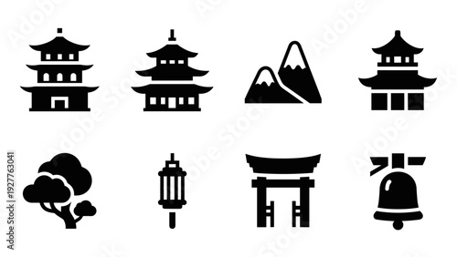 set of traditional Japanese building and nature icons in black silhouette style