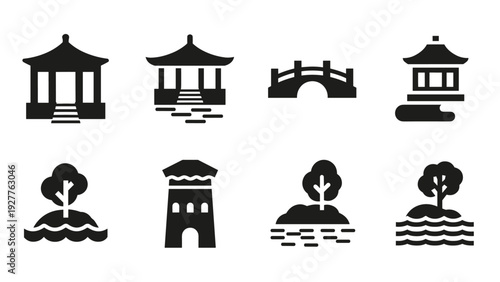 black silhouette set of asian pagodas bridges trees and tower icons hand drawn