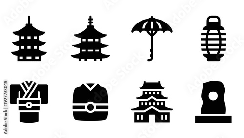 set of black silhouette icons with japanese traditional architecture clothing and accessories in hand drawn style