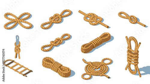 various hand drawn thick rope knots and coils collection in detailed style