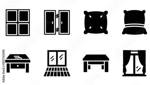 set of black silhouette home furniture and window icons including cushions tables and curtains simple design