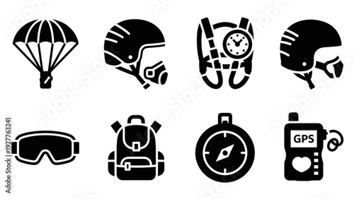 parachute helmet oxygen mask compass gps goggles and backpack black silhouette icons set hand drawn