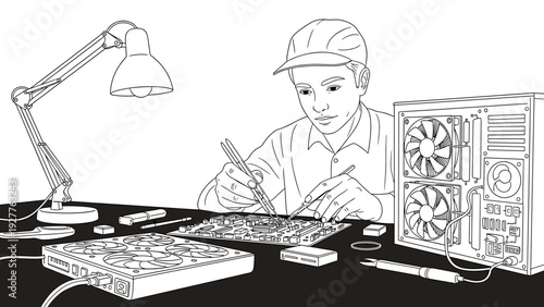 technician repairing computer motherboard with tools at workspace hand drawn line art illustration