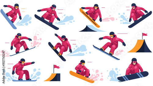 set of snowboarder performing tricks and jumps in flat style with snow ramp and spray elements