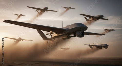 A formation of advanced military drones flying in a dusty, atmospheric environment at sunset.