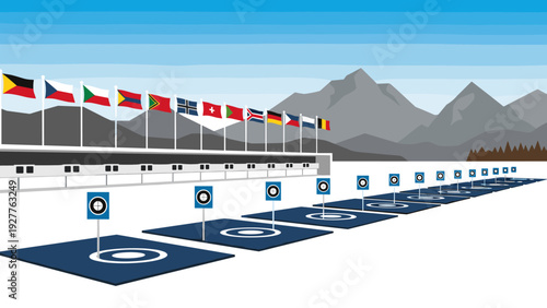 archery range with multiple targets and international flags in flat vector style