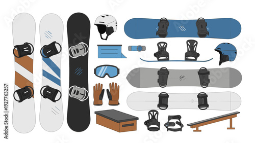 collection of hand drawn snowboards helmets gloves goggles and snowboarding accessories