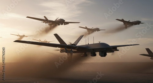 A squadron of advanced military drones flies in formation over a dusty, hazy landscape at sunset.