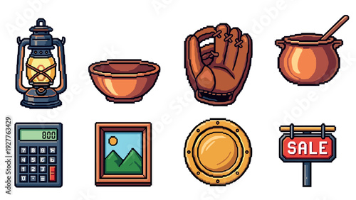 pixel art set of vintage and everyday objects including lantern bowl baseball glove pot calculator framed picture porthole and sale sign